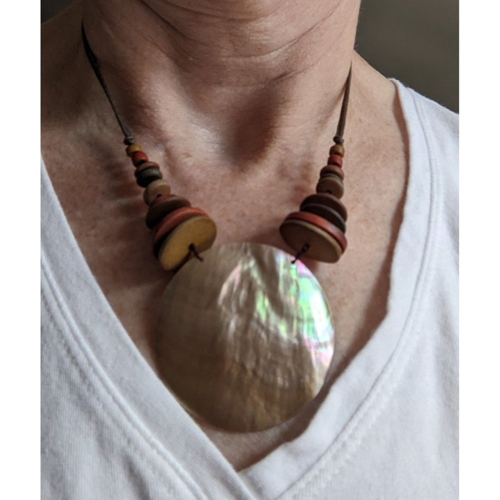 Mother of Pearl Pendant Necklace Wooden Beads Cotton String Chain 17"